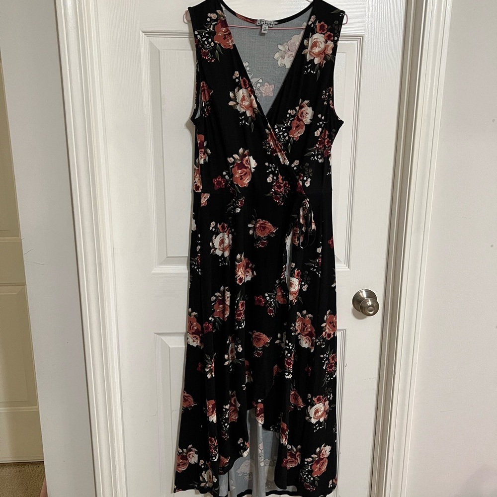 Black floral print faux wrap dress.